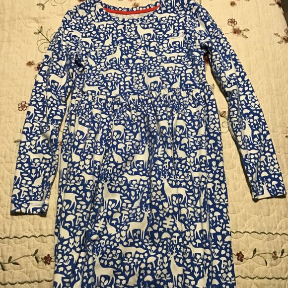 Mini Boden Girl's Blue & White Woodland Theme Dress--Size 9-10 Y